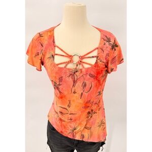Jamie Nicole Floral O-Ring Top Womens L Orange Pink Tie Dye Y2K Blouse 2198